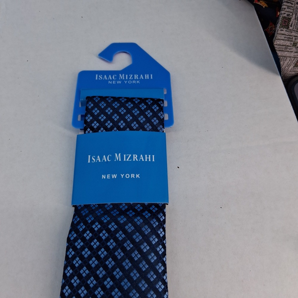 Isaac Mizrahi Necktie Mens OS Blue Geometric Grid Check Hand Made Classic Tie
